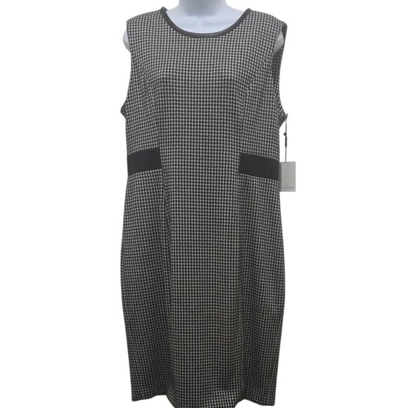 NWT Calvin Klein Hondstooth Midi Dress Sz 14 Sleeveless Rayon Blend Faux Leather - Picture 1 of 11